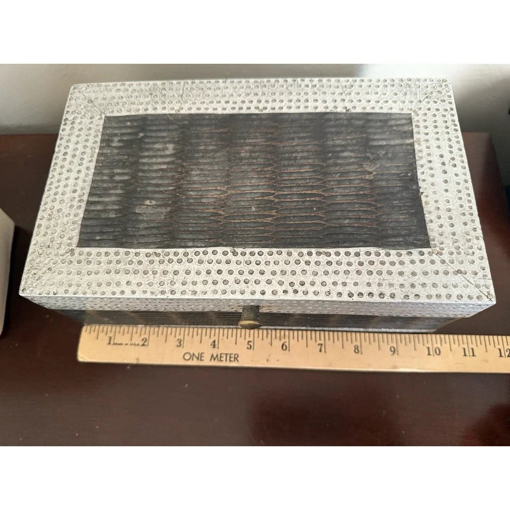 Vintage‎ MCM Wood jewelery box  with silver Metal Accent storage organizer